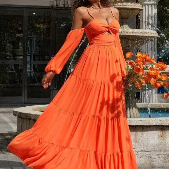 Private Label | Dresses | Tangerine Cut Out Cold Shoulder Layer Maxi Dress  | Poshmark